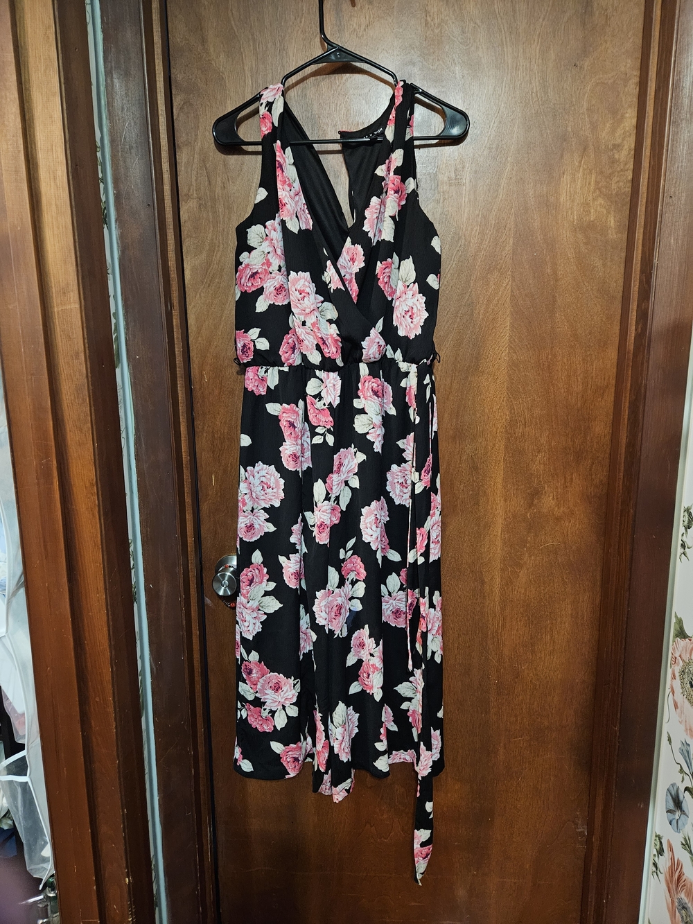 As U Wish Black Floral Sleeveless Jumpsuit with Pink Roses